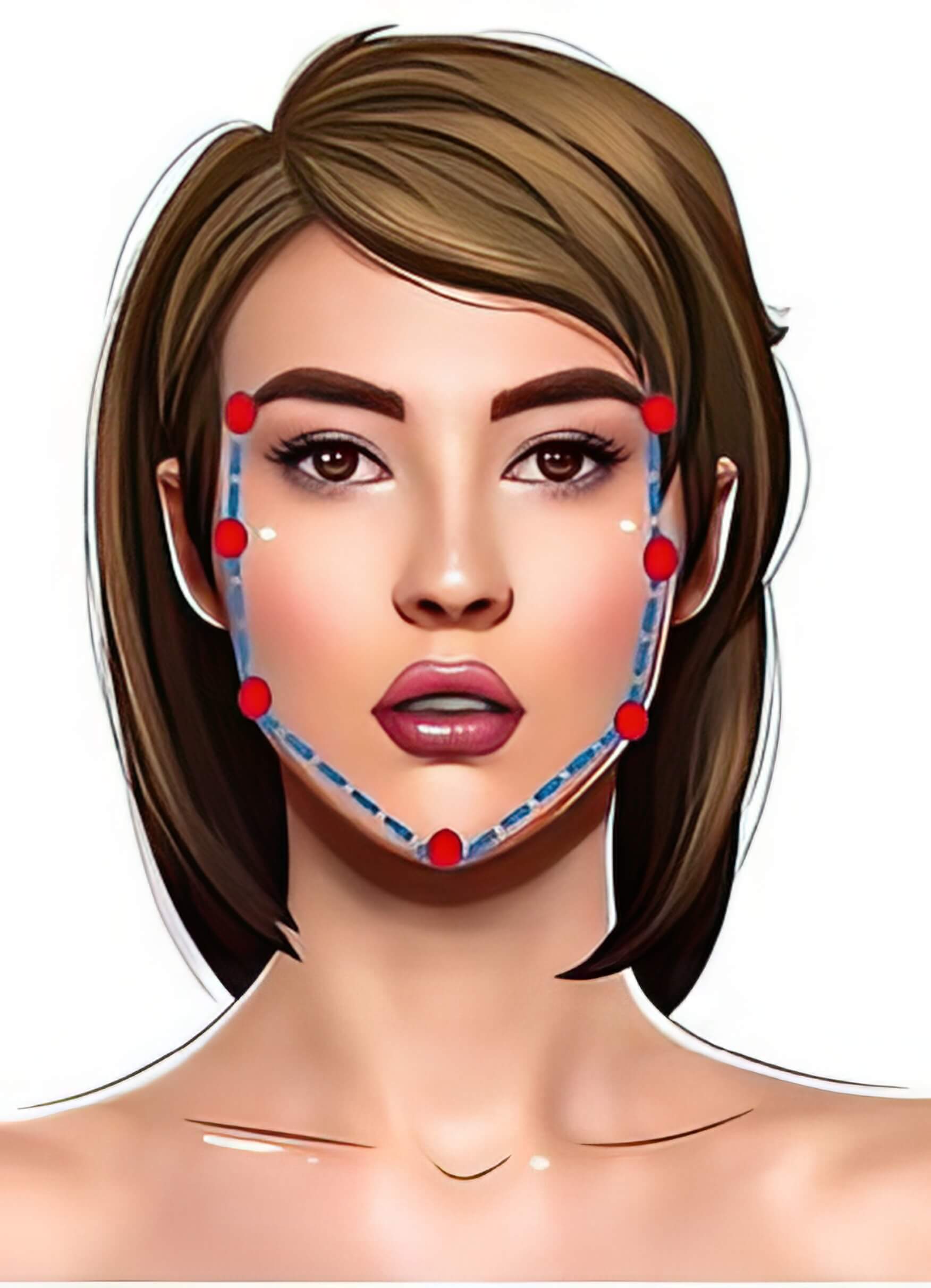 Diagram of areas of jawline treatable using Volux for women